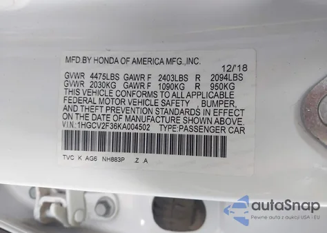 2019 Honda Accord Sport 2.0T z USA, uszkodzony, nr VIN 1HGCV2F36KA004502